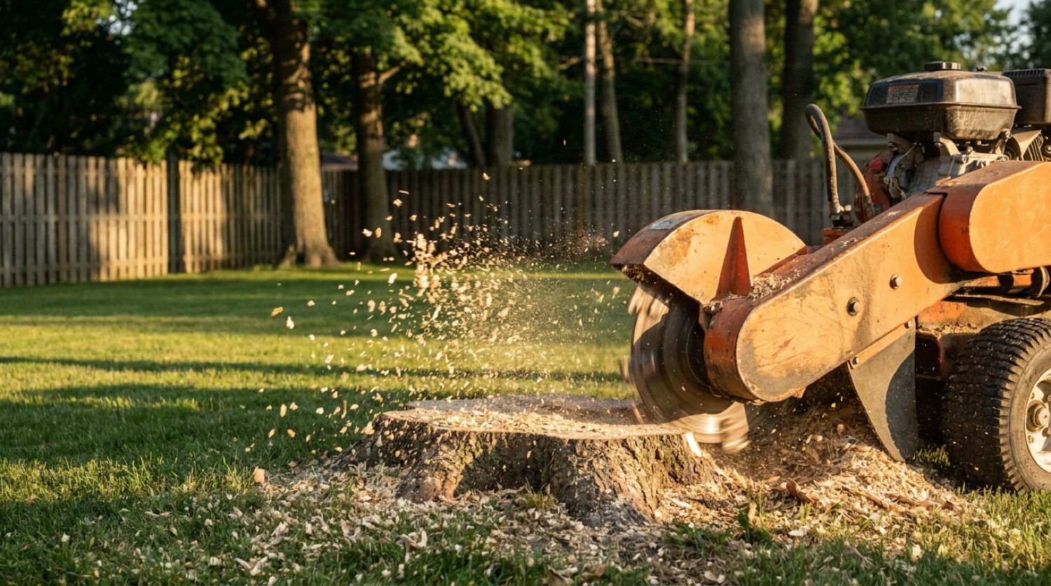 Professional stump grinder cutting a stump in a Macomb County backyard