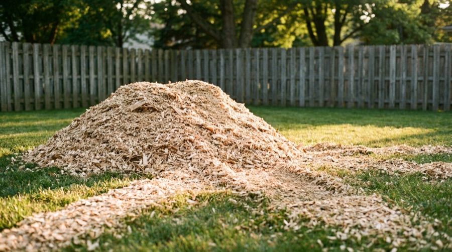 Fresh pile of wood chip grindings on a green lawn