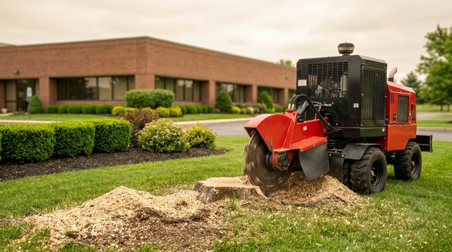 Professional stump grinder working on a commercial property
