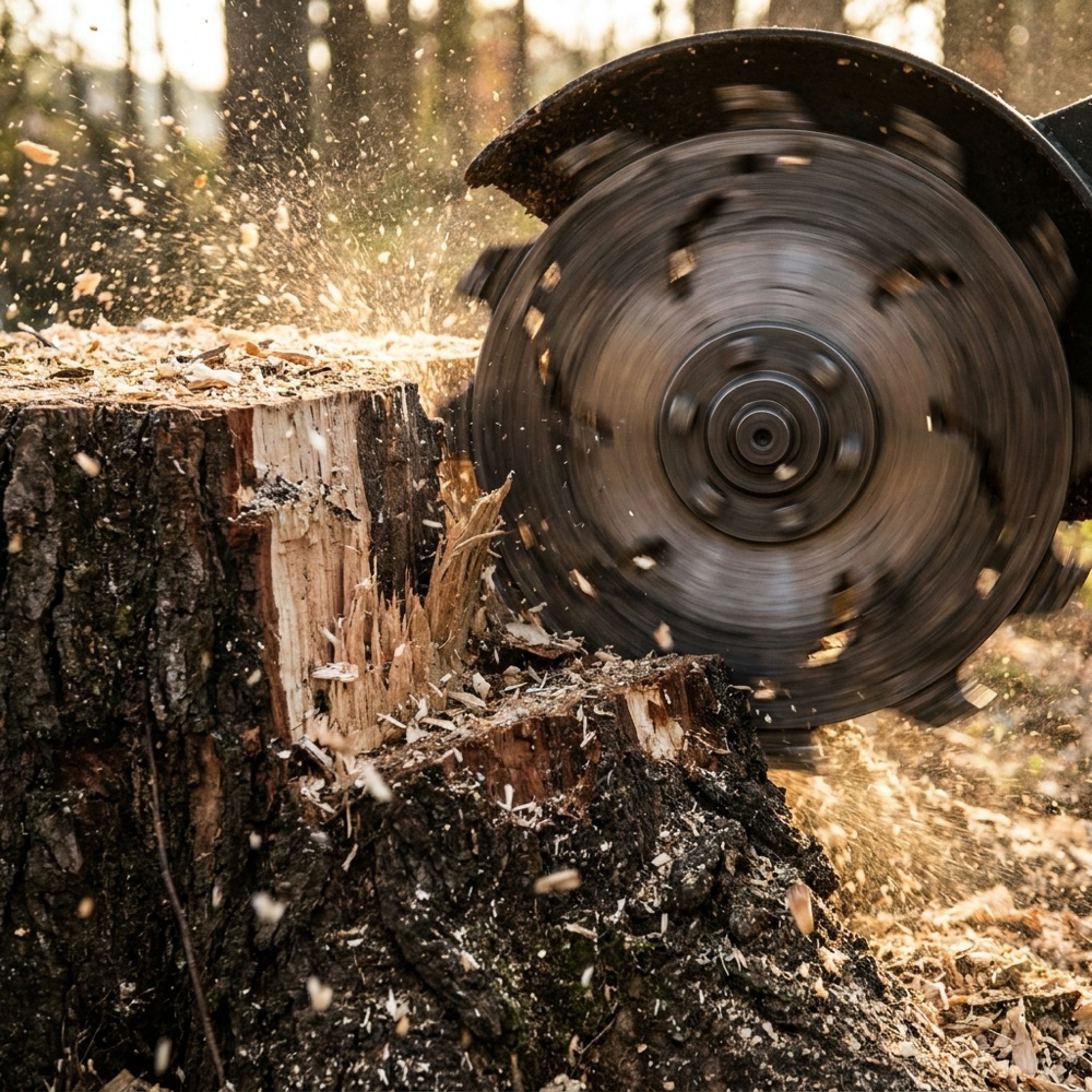 Stump grinder grinding a single tree stump