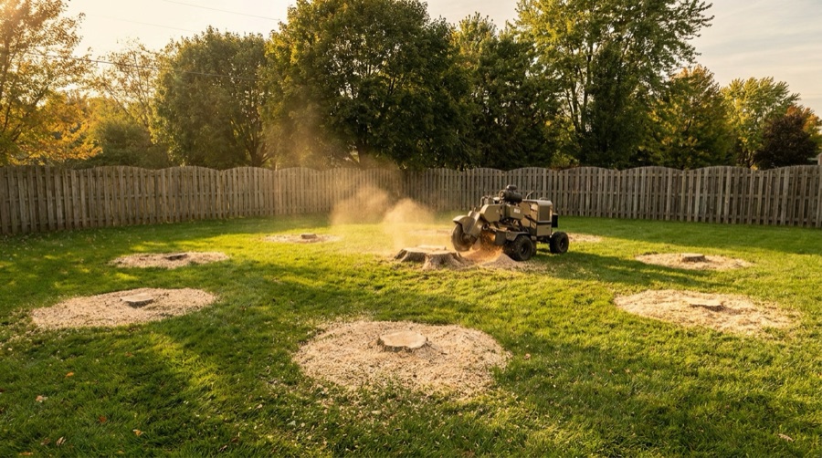 Suburban backyard lot cleared of multiple tree stumps