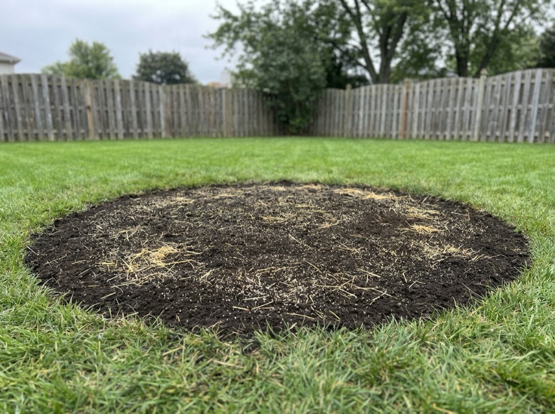 Restored lawn spot with fresh topsoil and grass seed